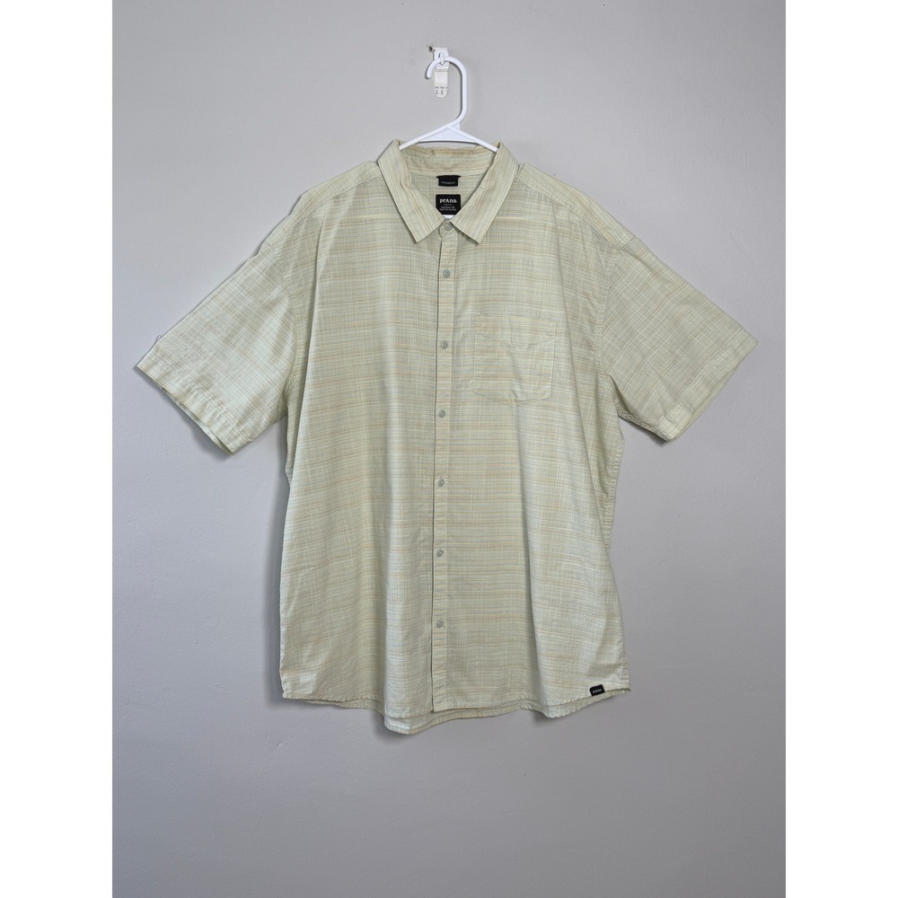 Prana Button Down Shirt Mens XXL Yellow Striped Short Sleeve Standard Fit Preppy